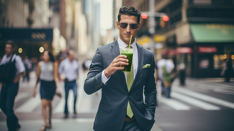 A gentleman in a business suit strolling down the street, savoring his refreshing super greens juice.