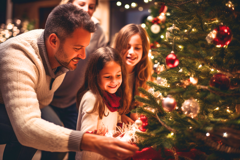 A loving family works together to decorate their Christmas tree, smiling as they carefully hang ornaments on the tree's branches.