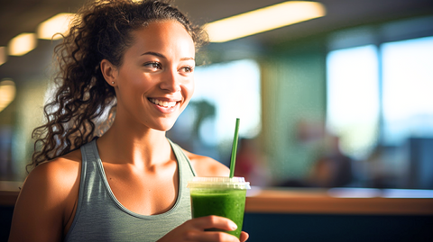 A smiling fit woman in lively workout attire holding a green smoothie showcasing the drink's vibrant color and her satisfied expression