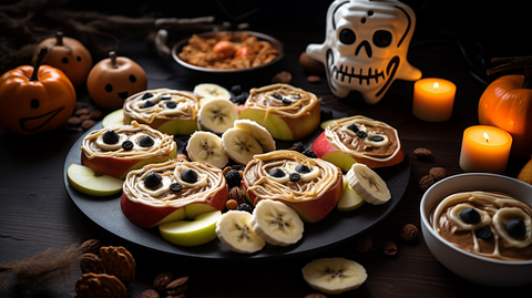 Fruit Monster Faces on a plate: a healthy and delicious Halloween treat
