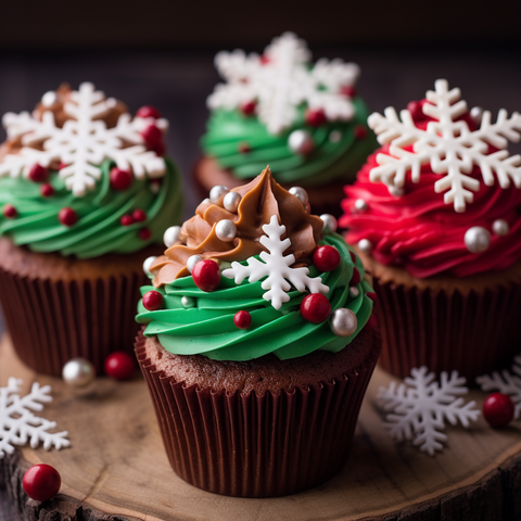 Gingerbread cupcakes beautifully decorated for Christmas with red and green frosting sprinkled with edible red and white pearls on top