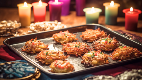 Hanukkah Baked Latkes arranged artfully on a gleaming baking sheet surrounded by vibrant colorful lighted candles on a festive table.