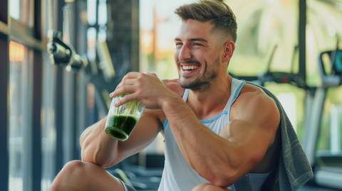 A youthful, athletic man sits in the gym, laughing joyfully as he savors his green juice, embodying health and vitality.