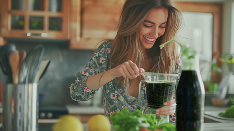 A woman happily preparing a green smoothie in the kitchen.