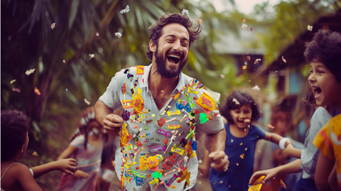 A fit man wearing a shirt adorned with pinned gifts and toys, gleefully evades a spirited group of children in a vibrant outdoor scene, encapsulating the dynamic and joyful exchange.