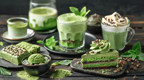 An assortment of greens powder-infused treats beautifully presented on a dark wooden table.