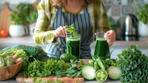 A woman stands in the background, holding a pitcher and a glass of freshly blended green juice, while in the foreground, a kitchen counter overflows with vibrant leafy greens, vegetables, and fruits.