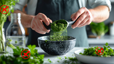 A man mixing some greens powder in a bowl excluding unwanted ingredients.