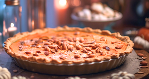 An alluring sweet potato pie gracing the kitchen counter, adorned with a generous sprinkling of almonds.