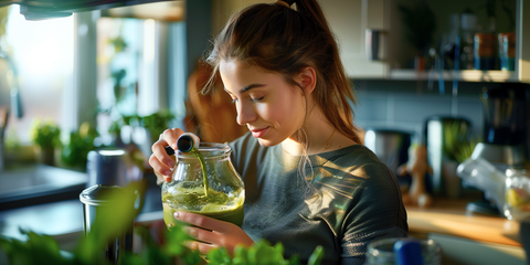 A close-up photograph capturing a woman blending a green smoothie in the kitchen.