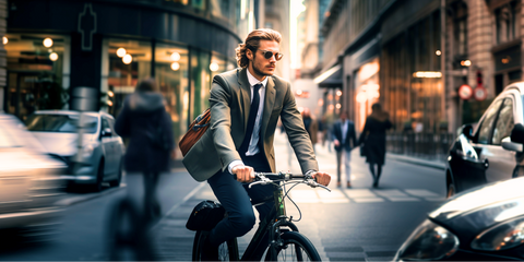 A man in a sharp suit pedals his bike navigating through the urban streets on his way to work.