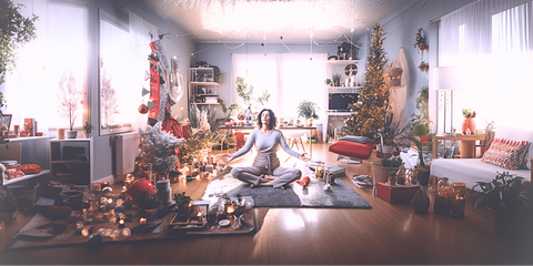 A wide shot of a lone female doing yoga in the living room full of holiday decorations.