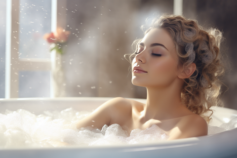 A woman with her eyes closed having a relaxing time and enjoying her bubble bath