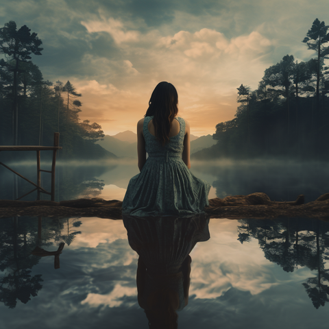 A serene woman sits on the water's edge, her silhouette gracefully mirrored in the tranquil surface, as the soft glow of twilight casts an ethereal aura around her.