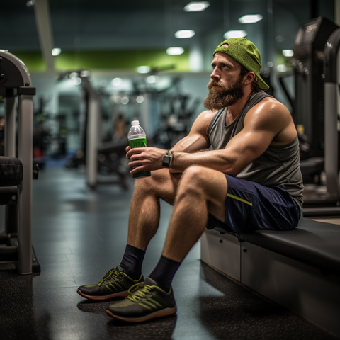 A muscular man sitting  and sipping on his green juice, pauses for a refreshing break during his workout.