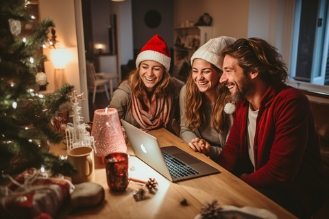 A joyous family engaging in a video trivia game with cherished ones who are separated by distance during the Christmas season.