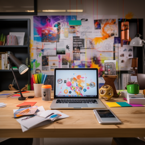 A laptop surrounded by an array of creative materials, ready to be used in crafting a vision board.