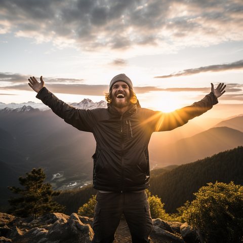 A man stands triumphantly atop a mountain, his face adorned with a joyful and contented smile as he gazes at the sunrise, symbolizing his appreciation for every step of the journey.