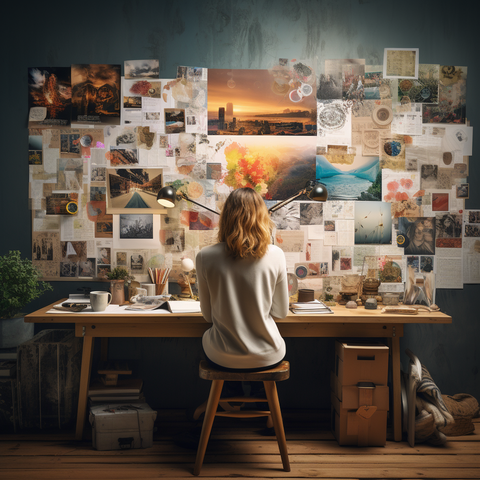 A woman sitting on a chair meticulously creating a vision board, carefully arranging images and goals to manifest her aspirations.