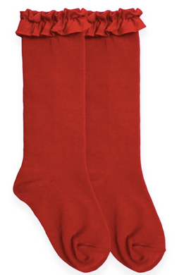 1658 Socks - Red Ruffle Knee High Socks