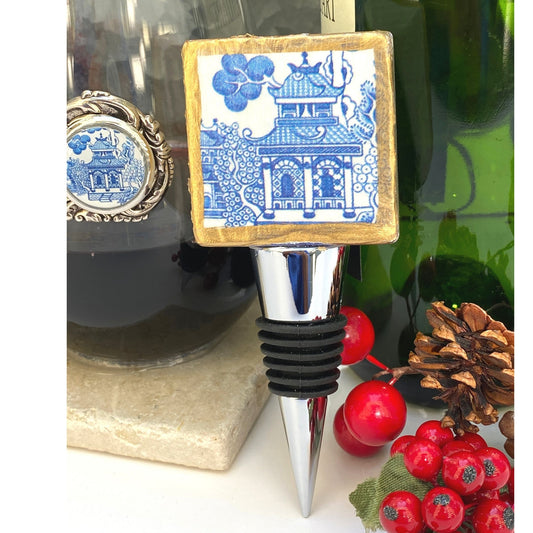 Bottle Stopper,  Marble Bottle Stopper,  Blue Chinoiserie Chinese House, Hostess Gift,