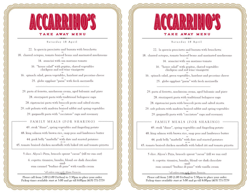 velocio Accarrino menu