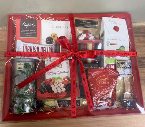 corporate christmas hamper with a selection of speciality chocolate