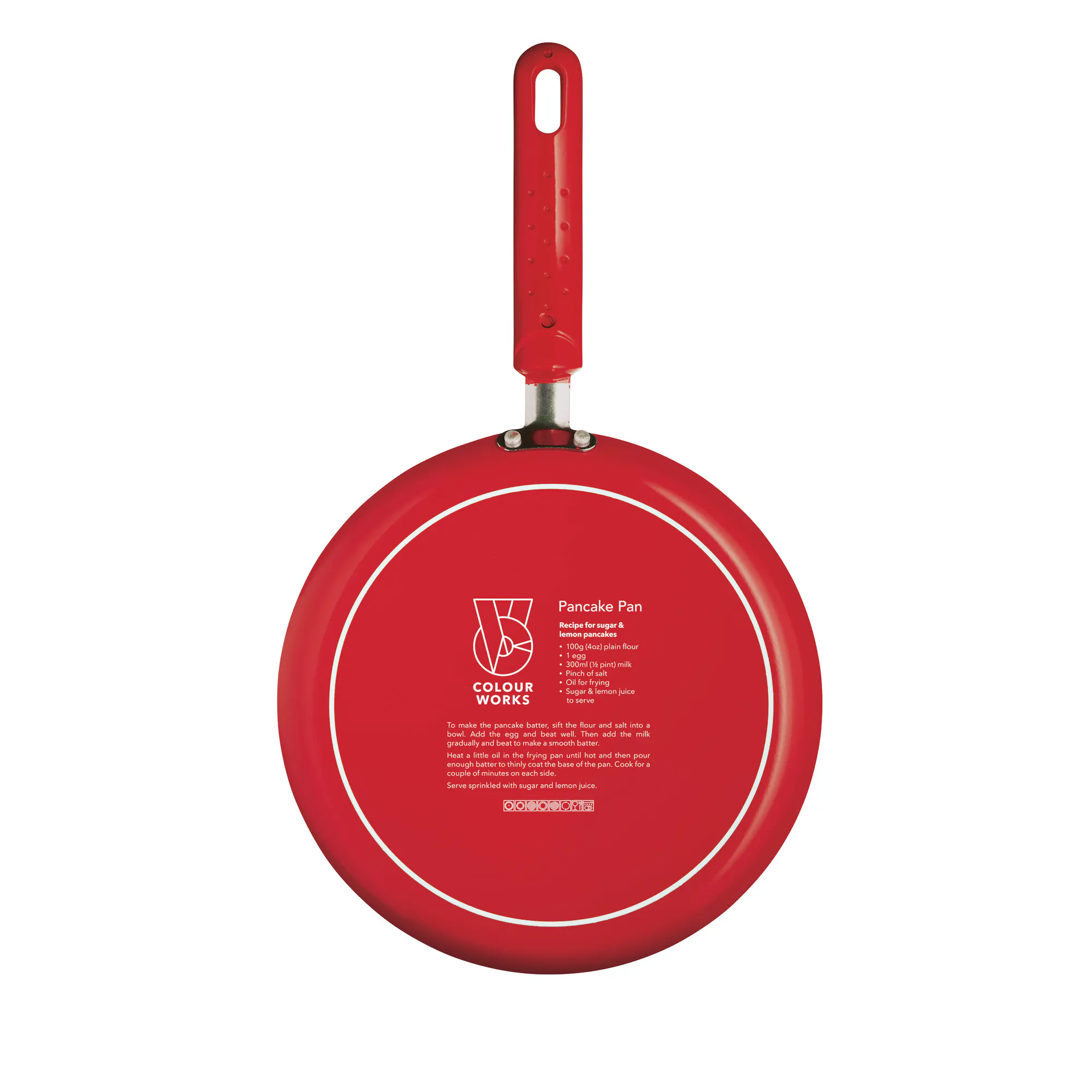 Colourworks Brights Red Crêpe Pan with Soft Grip Handle dogs Press the left foot to