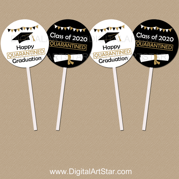 Black and Gold Printable Graduation Cupcake Toppers for Quarantine Party