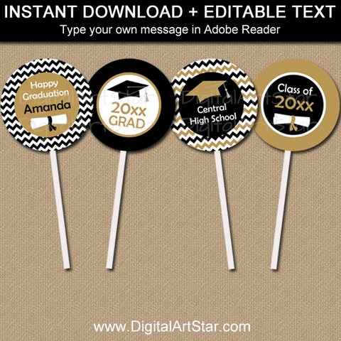 2021 Black and Gold Graduation Cupcake Toppers Template