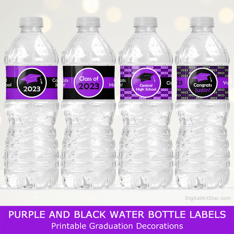2023 Graduation Party Water Bottle Labels Printable in Purple and Black with 2023 Year Pattern