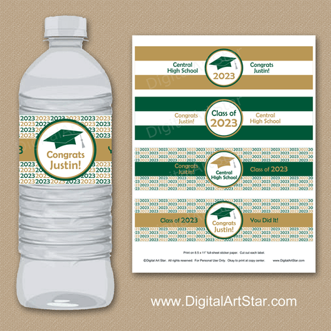 Green and Gold Graduation Water Bottle Decor 2023