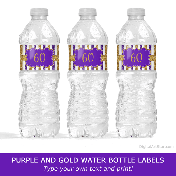 Purple and Gold Water Bottle Labels for 60th Birthday Party