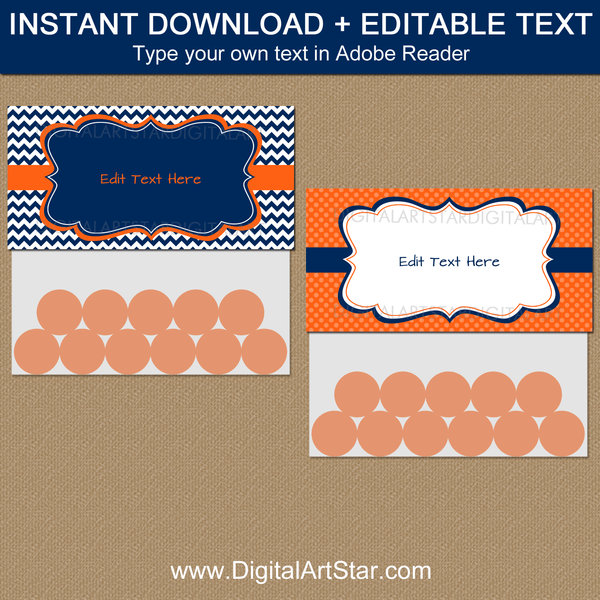 Editable Birthday Party Favor Bag Toppers Navy Blue Orange