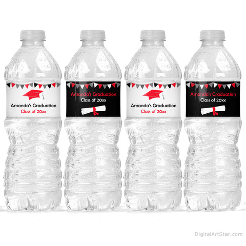 Black White Red Graduation Water Bottle Labels Editable Template