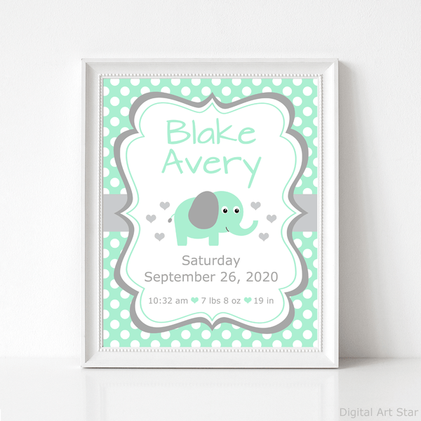 Mint Green Elephant Baby Birth Stats Printable Sign