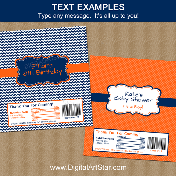 Editable Birthday Candy Bar Wrappers Template Orange Navy White
