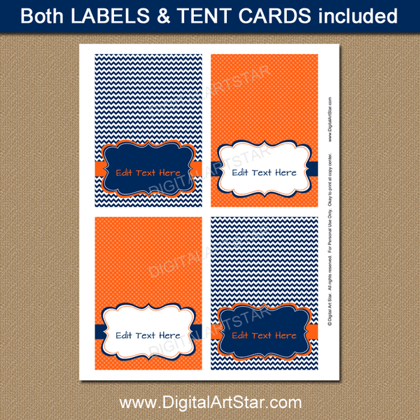 Editable Birthday Place Cards in Navy Blue Orange White