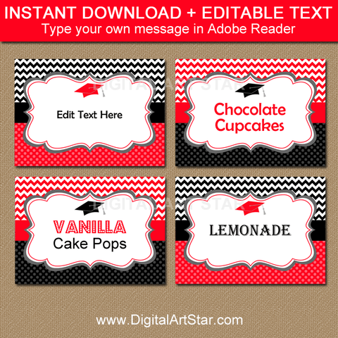 Editable Graduation Party Food Labels Red and Black Chevron