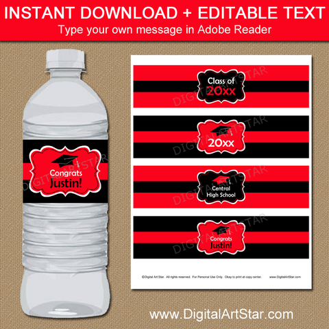 Editable Graduation Water Bottle Labels Red and Black
