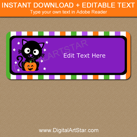 Purple Halloween Address Labels Editable with Black Cat and Pumpkin