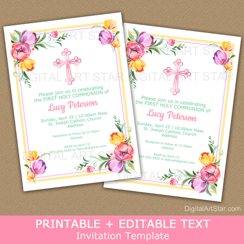 Floral First Holy Communion Invitation Printable