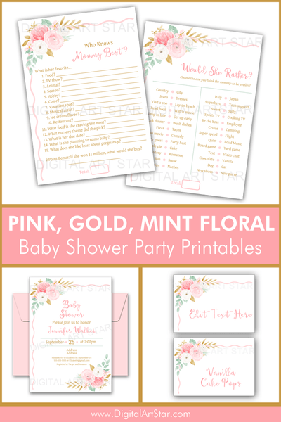 Floral Themed Baby Shower Party Printables Pink Gold Mint Green