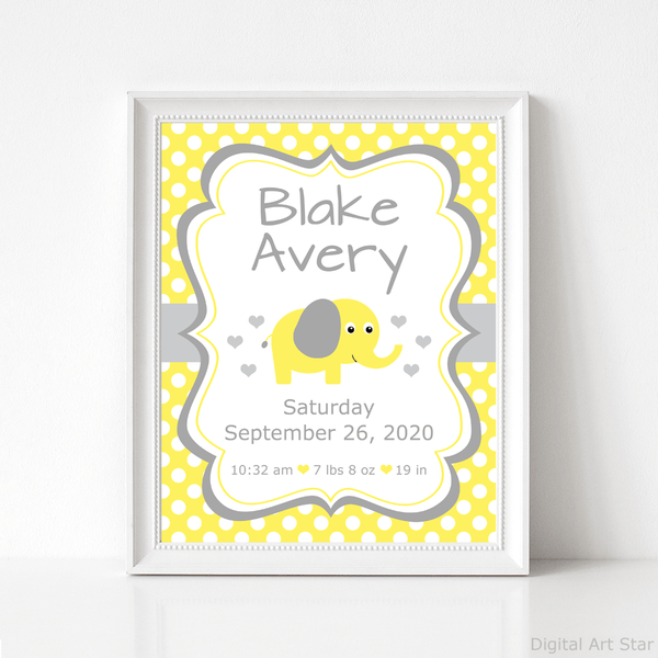 Gender Neutral Baby Birth Stats Nursery Wall Art with Yellow and Gray Elephant