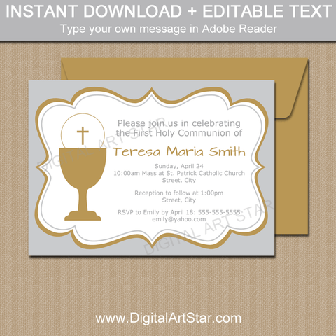 Girl First Holy Communion Invitation Printable Silver and Gold