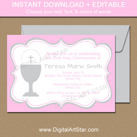 Girl 1st Holy Communion Invite Template Pink Silver