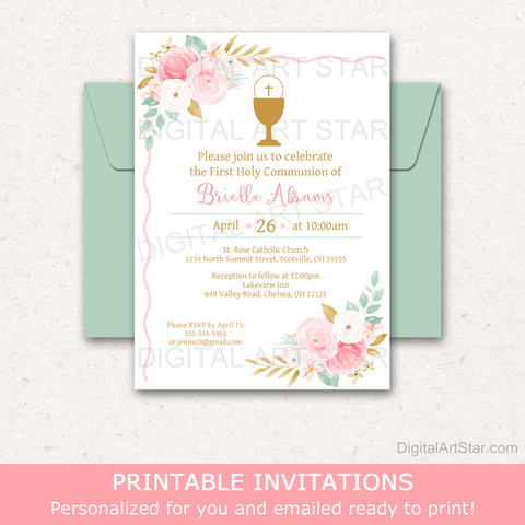 Pink and Mint Green Floral First Holy Communion Invitation with Chalice