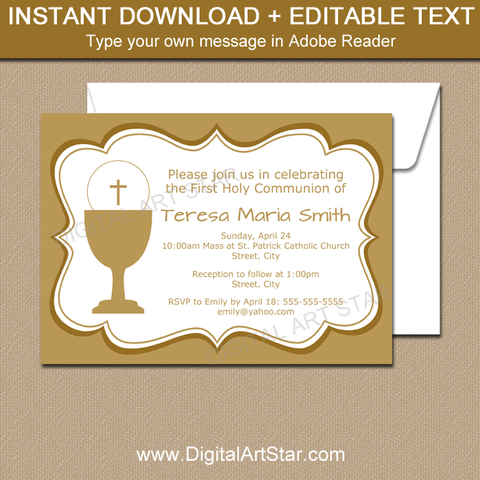 Gold First Holy Communion Invitation Girl