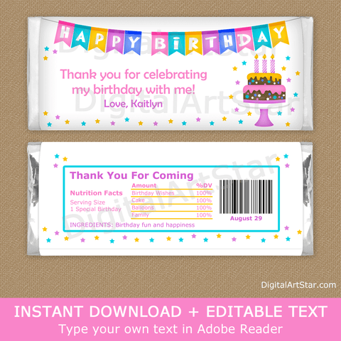 Happy Birthday Party Theme Candy Bar Wrappers for Girl Birthday