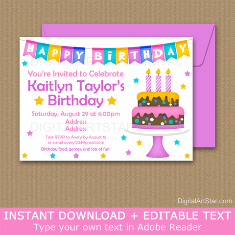 Happy Birthday Party Theme Invitation Printable for Girl Birthday